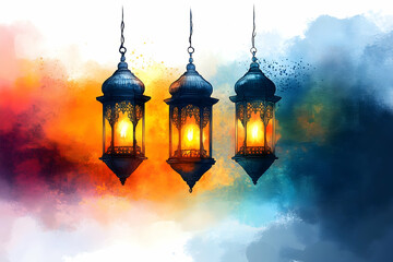 Fototapeta premium Three ornate lanterns are hanging with bright illuminated lights