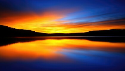 A breathtaking sunset over a tranquil lake, with vibrant orange and blue hues reflecting beautifully on the water's surface.