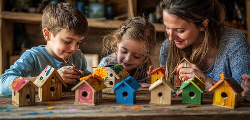 Parents and child at a cozy farmhouse table, painting wooden birdhouses with bright colors, each focused and smiling, creating a beautiful memory of creativity and togetherness.
