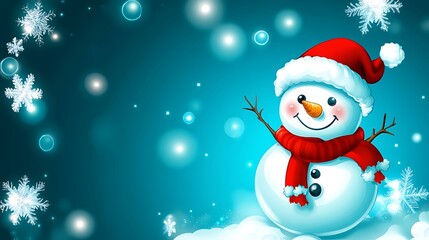Fototapeta premium A cheerful snowman wearing a red scarf and a hat in a winter scene