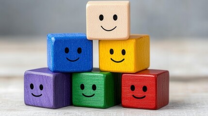 Stack of colorful wooden blocks with smiling faces, arranged in a pyramid shape against a neutral background. Positive and playful mood.