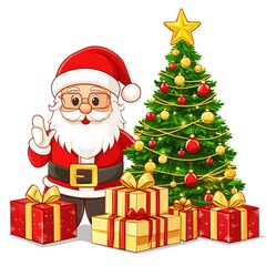 Fototapeta premium A happy cartoon Santa Claus standing next to a Christmas tree