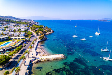 Aerial view of Turgutreis, Bodrum. Mugla, Turkey. Panoramic view of Turgutreis marina and beach. Drone shot.