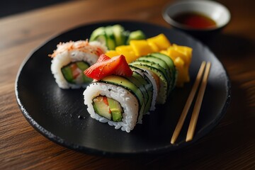A macro shot sushi roll featuring.