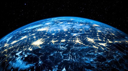 Obraz premium Night view of Earth from space, showing city lights and the planet's curvature against a dark background. The image showcases the vastness of space and the concentration of human settlements.