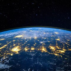 Obraz premium Night view of Earth from space, showing city lights and dark areas. The image displays the curvature of the planet with a dark space background filled with stars.
