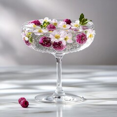 Close up view of a coupe glass filled with a sparkling beverage, garnished with raspberries and white flowers. The glass sits on a marble surface with soft, natural lighting.