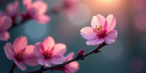 Obraz premium Delicate Pink Blossoms Illuminated by Golden Hour Sunlight on a Branch