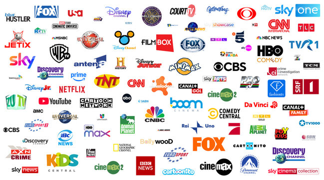 Sibiu city, Romania - March 30, 2025, Tv channels logo collection on white background