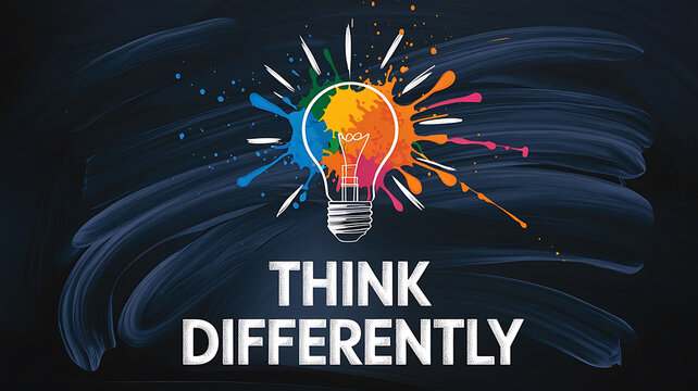 A lightbulb, colorful splashes, inspires "Think Differently."
