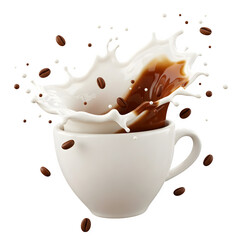 3D illustration of a white cup filled with milk coffee, splashing around coffee beans.