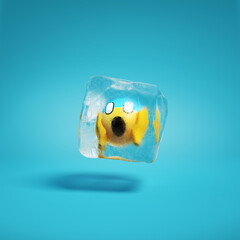 Face screaming in fear emoji inside ice cube. The scream face with open mouth emoticon frozen in ice lump. Panic emoticon frozen in ice block background mockup concept 3d render illustration.