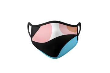 A colorful face mask featuring abstract shapes in pink, white, black, and blue.