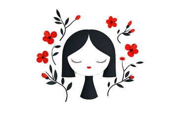 A stylized illustration of a girl with dark hair, complemented by vibrant red flowers, evoking a sense of mystery and beauty.
