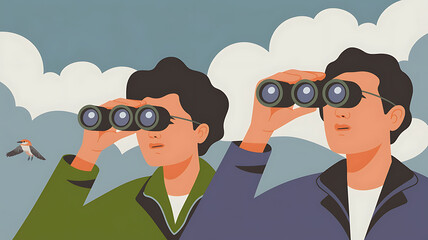 Nature enthusiasts searching for wildlife with binoculars