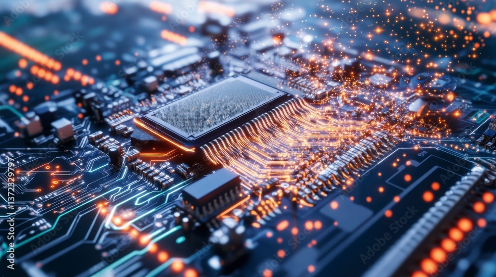 Poster close up view of a circuit board with a central processor unit glowing orange and surrounded by intr