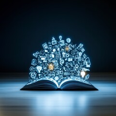 Glowing digital icons emerge from an open book, set against a dark background. The scene is illuminated with soft blue light, creating a mystical atmosphere.