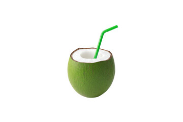 A fresh green coconut with a straw inserted, ready to drink its refreshing water.