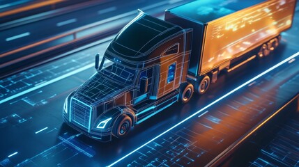 A next gen AI powered autonomous truck, delivering goods through a smart highway system, futuristic transportation corridor