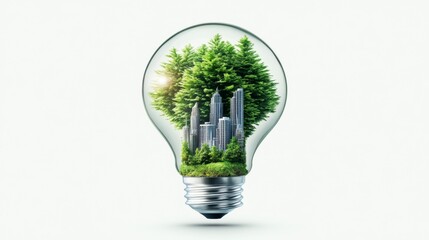 A lush green tree and cityscape miniature inside a clear lightbulb against a white background. The image symbolizes sustainable energy and environmental consciousness.