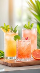 Fototapeta premium Refreshing fruit drinks flat lay with colorful summer beverages, ice cubes, and fresh berries. A vibrant and refreshing composition perfect for food photography, cocktail menus, and summer drink promo