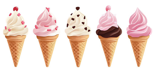A set of ice creams is presented in a wafer style cone, depicted in a modern flat style illustration