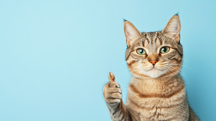 Obraz premium A charming cat giving a thumbs-up against a light blue background, exuding positivity and playfulness.