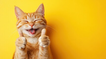 A joyful cat giving a thumbs-up against a vibrant yellow background, radiating happiness and positivity.