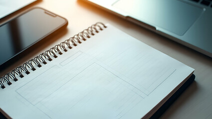 Photo realistic top view of a workspace featuring a phone and notebook in double exposure, symbolizing organization and planning with ample copy space.