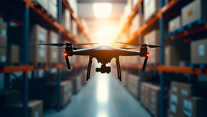 Photo realistic silhouette of a warehouse drone and logistics software symbolizing automated inventory optimization in double exposure with ample copy space.