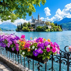 Vibrant flowers in hanging baskets adorn a stone fence overlooking a picturesque lake. A medieval style island church and mountains form a stunning backdrop under a bright, sunny sky.