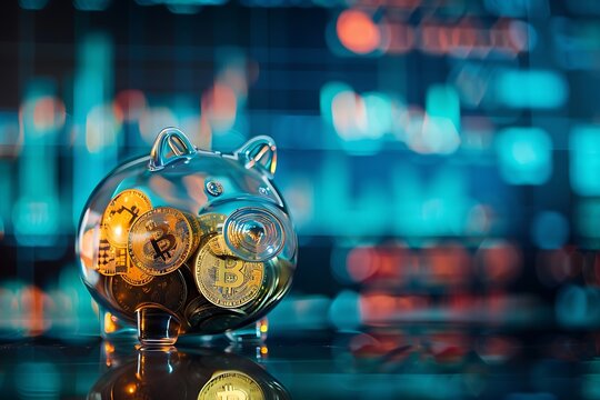 Piggy bank filled with cryptocurrency coins on financial background