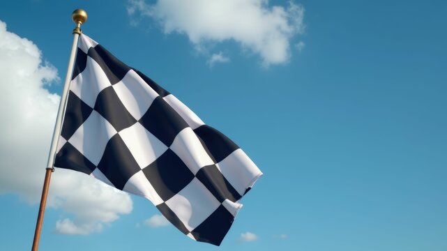 A dynamic view of a checkered racing flag waving in a bright blue sky with fluffy clouds. Finish line. Project completion. We are finished. Motorsport.