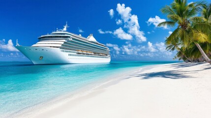 Large cruise ship anchored near a tropical beach with palm trees under a bright sunny sky. Turquoise water, white sand, and vibrant blue sky create a luxurious vacation atmosphere.