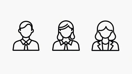 Naklejka premium Minimalist line art icons depicting three individuals in professional attire. Faceless. No expression