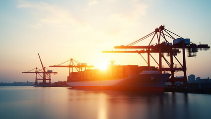 Obraz premium Photo realistic double exposure of a shipping dock silhouette and a cost efficiency graph, symbolizing financial planning with ample copy space.