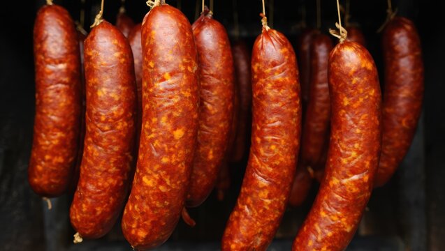 Hanging sausages are displayed in a traditional curing chamber, showcasing deep red tones and a rustic presentation. The air is filled with rich, savory aromas of smoked meat
