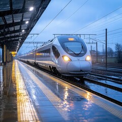 Fototapeta premium High speed train arriving at a modern railway station on a rainy day. The platform is wet, reflecting the lights. The train is sleek and white.