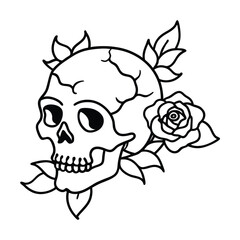 Fototapeta premium Memento Mori: a line art illustration of a skull adorned with a rose. a symbol for life and death, in simple and clean artistic line drawing.