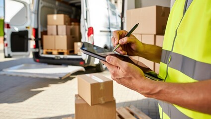 A delivery worker wearing a safety vest inspects packages while writing on a tablet. The background shows a van loaded with cardboard boxes in a logistics area