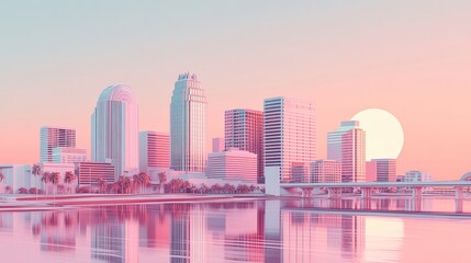 Photo Type: illustration, surreal Subject Focus: Tampa city skyline, marketing items Color Tone: muted tones, clinical whites Setting: clean background, minimalistic Atmosphere: quirky, inventive Text
