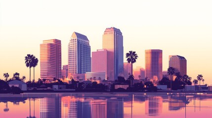 Obraz premium Photo Type: illustration, surreal Subject Focus: Tampa city skyline, marketing items Color Tone: muted tones, clinical whites Setting: clean background, minimalistic Atmosphere: quirky, inventive Text