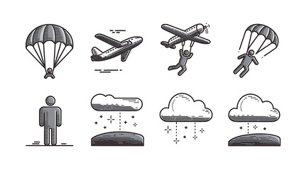 Adventure travel and weather-themed vector illustrations in a hand-drawn style