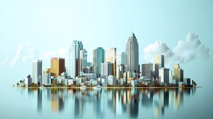 Obraz premium Photo Type: illustration, surreal Subject Focus: Tampa city skyline, marketing items Color Tone: muted tones, clinical whites Setting: clean background, minimalistic Atmosphere: quirky, inventive Text