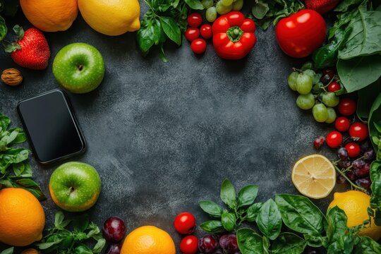 Fresh fruits and vegetables arranged around a smartphone on a dark textured surface in the kitchen - Powered by Adobe