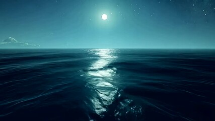 Serene moonlit ocean scene with gentle waves reflecting light, under a starry night sky, evoking tranquility - Powered by Adobe