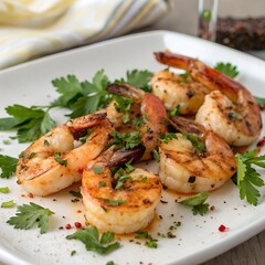 Grilled Shrimp Garnished with Parsley on a Plate in a Closeup Food Presentation