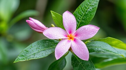 Close up view of a light pink flower with five petals, glistening with water droplets, next to an unopened bud. Lush green leaves surround the bloom.