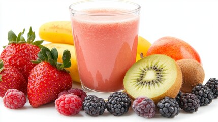 Pink smoothie with strawberries, raspberries, blackberries, kiwi, and banana on white background. Fresh and healthy fruit drink.