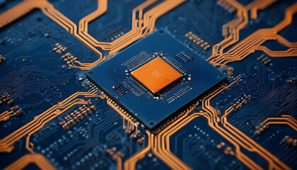 A close-up shot of a computer chip on a dark blue circuit board, featuring a square central processing unit (CPU) with a network of glowing orange lines etched on its surface